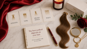 Hair extensions in Dubai guide with premium human hair color samples and extension selection tools